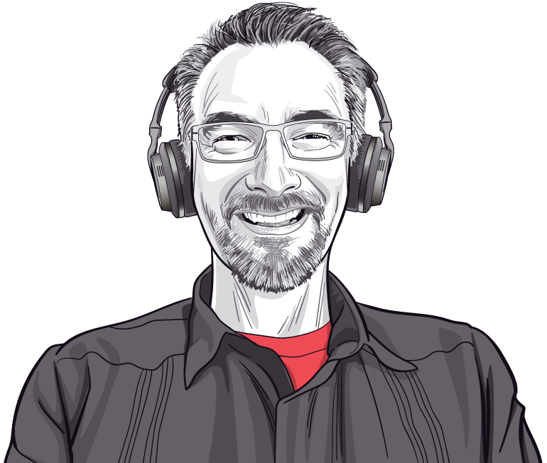 Cartoon Brent Ozar wearing headphones