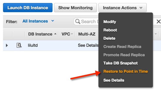 Restore RDS Instance to Point in Time
