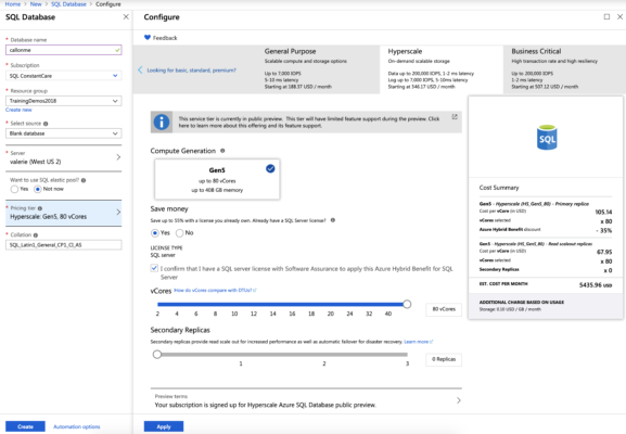 Azure SQL DB Hyperscale in the portal