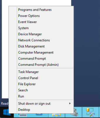 Right clicking on the Start Menu in Windows Server 2012 R2