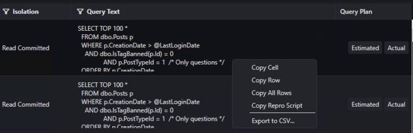 Right-clicking on a query