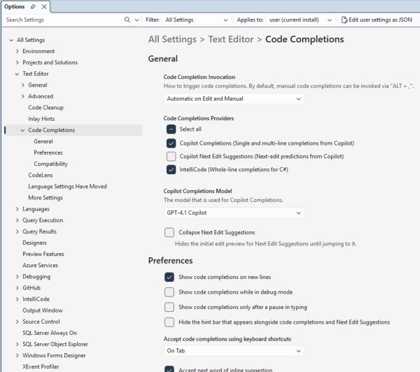 Text completion settings