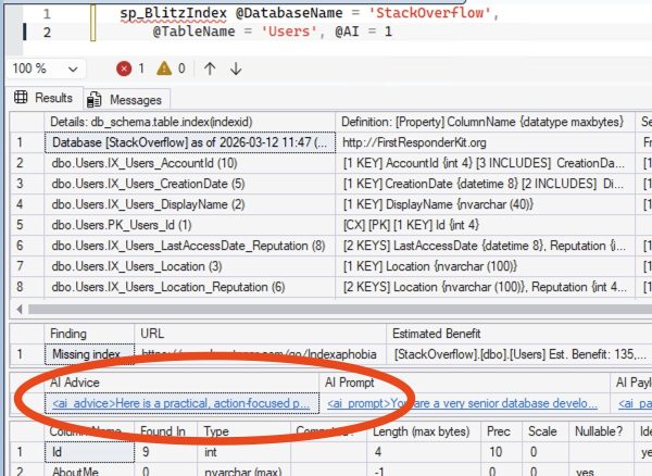 sp_BlitzIndex AI Advice